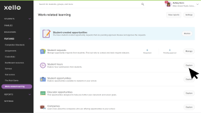 Work-based learning page in Xello. Next to Student hours, the cursor is clicking Explore.